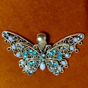 Butterfly Pendant Silver With Aqua And Smokey Blue Rhinestones Lavender Accents